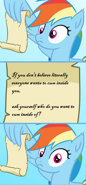 Size: 1140x2424 | Tagged: suggestive, artist:saphire-systrine, derpibooru import, rainbow dash, pegasus, pony, grannies gone wild, comic, crossing the memes, cum inside rainbow dash, female, image macro, implied selfcest, iwtcird, mare, meme, message, philosophy, rainbow dash reading a scroll, scroll, solo, wide eyes