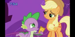 Size: 2220x1080 | Tagged: safe, derpibooru import, screencap, applejack, spike, dragon, earth pony, pony, the ticket master, duo, female, gala ticket, japanese dub, male, mare, subtitles, ticket, tomodachi wa mahou, translation