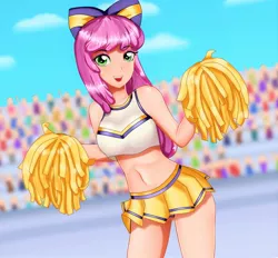 Size: 1312x1220 | Tagged: artist:focusb, belly button, bow, cheeribetes, cheerilee, cheerileeder, cheerleader, clothes, crowd, cute, derpibooru import, female, human, humanized, midriff, miniskirt, open mouth, panties, panty shot, pleated skirt, pom pom, purple underwear, safe, skirt, solo, sports bra, stupid sexy cheerilee, thighs, underwear