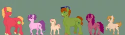 Size: 1600x455 | Tagged: safe, artist:ganashiashaka, derpibooru import, big macintosh, sugar belle, oc, oc:azalea apple, oc:freckle trick, oc:peony pear, oc:swamp apple, earth pony, pony, unicorn, cap, colt, female, green background, hat, male, mare, offspring, parent:big macintosh, parent:sugar belle, parents:sugarmac, shipping, simple background, straight, sugarmac