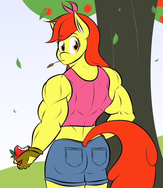 Size: 1000x1154 | Tagged: safe, artist:matchstickman, derpibooru import, apple bloom, anthro, earth pony, apple, apple brawn, apple tree, back muscles, biceps, bloom butt, butt, clothes, deltoids, falling leaves, female, fingerless gloves, food, gloves, image, looking at you, looking back, looking back at you, mare, matchstickman's apple brawn series, midriff, muscles, older, older apple bloom, png, short jeans, solo, sports bra, straw in mouth, sweet apple acres, tree, triceps