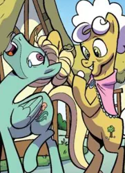 Size: 284x392 | Tagged: safe, artist:pencils, derpibooru import, idw, goldie delicious, zephyr breeze, earth pony, pegasus, pony, spoiler:comic, spoiler:comic70, bingo balls, cropped, cutie mark, female, male, mare, official comic, zephabuse