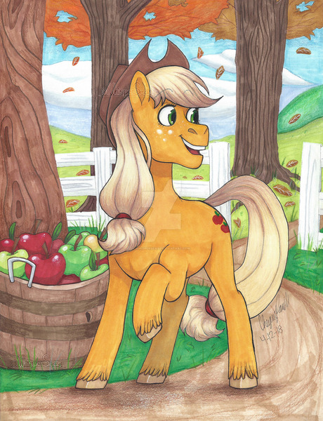 Size: 1280x1668 | Tagged: apple, applejack, artist:whisperseas, autumn, bucket, derpibooru import, deviantart watermark, fence, food, leaves, raised hoof, safe, solo, traditional art, tree, unshorn fetlocks, watermark