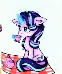 Size: 727x866 | Tagged: safe, artist:hihin1993, derpibooru import, part of a set, starlight glimmer, pony, unicorn, cup, floppy ears, glowing horn, picnic, picnic blanket, sipping, sitting, solo, teacup