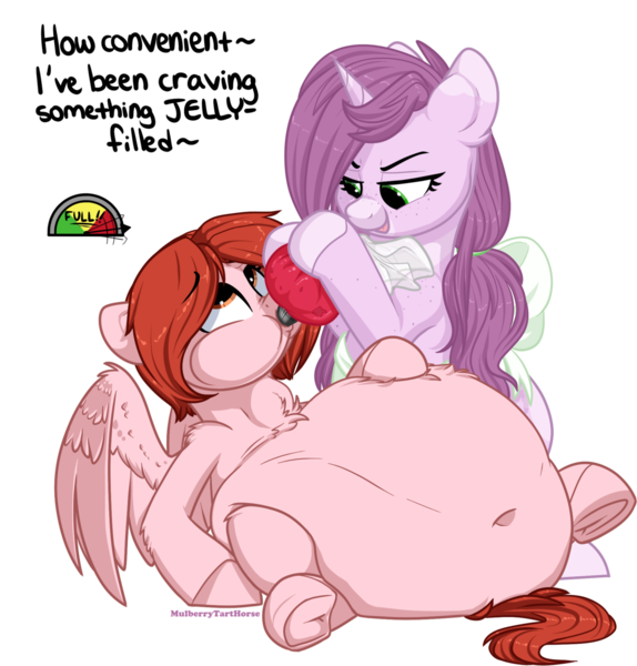 Size: 1280x1338 | Tagged: suggestive, artist:mulberrytarthorse, derpibooru import, oc, oc:mulberry tart, oc:weathervane, unofficial characters only, pegasus, pony, unicorn, belly, belly button, dialogue, female, food, hoof on belly, imminent vore, implied vore, inflation, jelly, mare, puffy cheeks, simple background, stuffed, stuffing, transparent background