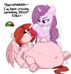Size: 1280x1338 | Tagged: suggestive, artist:mulberrytarthorse, derpibooru import, oc, oc:mulberry tart, oc:weathervane, unofficial characters only, pegasus, pony, unicorn, belly, belly button, dialogue, female, food, hoof on belly, imminent vore, implied vore, inflation, jelly, mare, puffy cheeks, simple background, stuffed, stuffing, transparent background