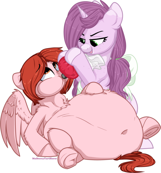 Size: 1280x1374 | Tagged: suggestive, artist:mulberrytarthorse, derpibooru import, oc, oc:mulberry tart, oc:weathervane, unofficial characters only, pegasus, pony, unicorn, belly, belly button, big belly, fat, feedee, feeder, female, food, hoof on belly, inflation, jelly, mare, puffy cheeks, simple background, stuffed, stuffing, transparent background