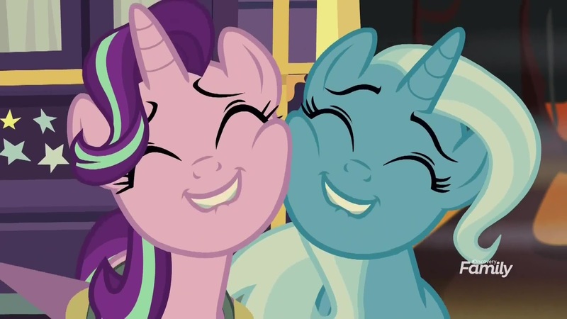 Size: 1600x900 | Tagged: safe, derpibooru import, screencap, starlight glimmer, trixie, pony, unicorn, road to friendship, cheek to cheek, discovery family logo, duo, eyes closed, female, mare, smiling