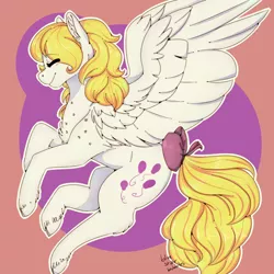 Size: 2500x2500 | Tagged: safe, artist:bluestarbubbles, artist:dreamcatcher-doodles, derpibooru import, surprise, pegasus, pony, abstract background, bow, cutie mark, eyes closed, female, g1, g1 to g4, generation leap, high res, mare, smiling, solo, spread wings, tail bow, wings