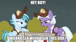 Size: 888x499 | Tagged: suggestive, derpibooru import, edit, edited screencap, screencap, appointed rounds, rainy day, pegasus, pony, road to friendship, bedroom eyes, box, caption, duo, female, image macro, implied sex, mailmare, mare, meme