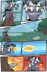 Size: 3500x5406 | Tagged: artist:virmir, cape, clothes, comic:nature walk, dendrification, derpibooru import, inanimate tf, magic, oc, oc:virmare, oc:virmir, plant tf, pond, rock, safe, solo, species swap, transformation, tree, unofficial characters only