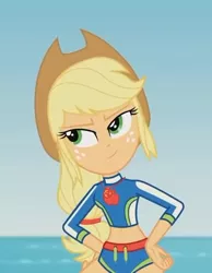 Size: 418x540 | Tagged: safe, derpibooru import, screencap, applejack, blue crushed, equestria girls, equestria girls series, clothes, cowboy hat, cropped, female, geode of super strength, hat, solo, swimsuit