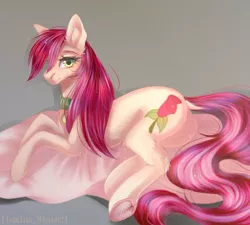 Size: 1024x923 | Tagged: safe, artist:ilumina_slash21, derpibooru import, roseluck, earth pony, pony, behaving like a cat, chest fluff, collar, cute, digital art, ear fluff, female, fluffy, leg fluff, lying, lying down, mare, pet tag, ponified animal photo, pony pet, rosepet, side, solo