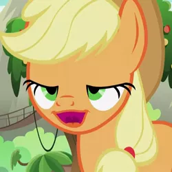 Size: 858x859 | Tagged: safe, derpibooru import, screencap, applejack, earth pony, pony, sounds of silence, appul, cropped, faic, female, great moments in animation, lidded eyes, mare, mid-blink screencap, open mouth, ponyface, smiling, solo, uvula, wat