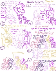 Size: 1280x1611 | Tagged: safe, artist:adorkabletwilightandfriends, derpibooru import, lily, lily valley, moondancer, spike, starlight glimmer, twilight sparkle, twilight sparkle (alicorn), alicorn, dragon, earth pony, pony, unicorn, comic:adorkable twilight and friends, adorkable, adorkable twilight, blushing, comic, cute, dork, female, humor, kissing, lilyspike, lineart, lip balm, lipstick, male, shipping, shipping denied, sparlight, spike gets all the mares, spikedancer, straight, surprise kiss, surprised
