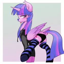 Size: 800x800 | Tagged: suggestive, artist:iloota, derpibooru import, twilight sparkle, twilight sparkle (alicorn), alicorn, pony, adorasexy, bedroom eyes, black underwear, blushing, chest fluff, clothes, colored wings, cute, dock, ear fluff, female, gradient wings, hoodie, horn, looking at you, looking back, mare, panties, plot, sexy, smiling, socks, solo, solo female, spread legs, spreading, stockings, striped socks, thigh highs, tongue out, twibutt, underwear, wings