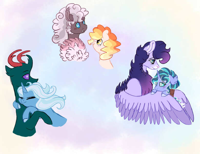 Size: 3900x3000 | Tagged: safe, artist:arirain, derpibooru import, pharynx, trixie, oc, changedling, changeling, earth pony, pegasus, pony, unicorn, blushing, canon x oc, chest fluff, crack shipping, fangs, female, hug, male, mare, phartrix, prince pharynx, shipping, stallion, straight, winghug