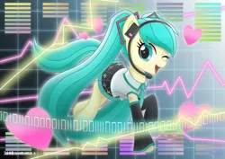 Size: 2088x1476 | Tagged: safe, artist:liu ting, derpibooru import, ponified, pony, clothes, crossover, female, hatsune miku, headset, mare, one eye closed, smiling, solo, vocaloid, wink