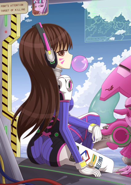 Size: 1655x2339 | Tagged: artist:liu ting, barely pony related, bubblegum, clothes, cloud, crossover, derpibooru import, d.va, engrish, female, food, gloves, gum, human, long hair, looking at you, looking back, looking back at you, mecha, overwatch, safe, sitting, skintight clothes, sky, smiling, starlight glimmer