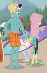 Size: 280x435 | Tagged: safe, derpibooru import, screencap, fluttershy, rainbow dash, zephyr breeze, blue crushed, equestria girls, equestria girls series, animation error, awkward, barefoot, brother and sister, clothes, cropped, feet, female, male, male feet, out of context, partial nudity, shorts, sunglasses, surfboard, swimming trunks, swimsuit, topless, wetsuit