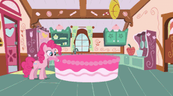 Size: 688x386 | Tagged: safe, artist:agrol, derpibooru import, pinkie pie, earth pony, pony, animated, bowl, cake, decorating, door, female, food, frosting, hoof hold, kitchen, mare, mouth hold, pan, pouring, smiling, solo, stool, sugarcube corner, window, working