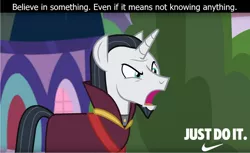 Size: 1920x1176 | Tagged: safe, derpibooru import, edit, edited screencap, editor:leonidus, screencap, chancellor neighsay, pony, unicorn, school daze, angry, believe in something, facial hair, goatee, image macro, male, meme, nike (brand), open mouth, quote, solo, stallion, text