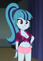Size: 762x1080 | Tagged: suggestive, derpibooru import, edit, edited screencap, editor:ah96, screencap, sonata dusk, equestria girls, rainbow rocks, belly button, breast edit, breasts, busty sonata dusk, cleavage, clothes, cropped, female, front knot midriff, midriff, miniskirt, ponytail, sexy, skirt, solo, solo female, spiked wristband, wristband
