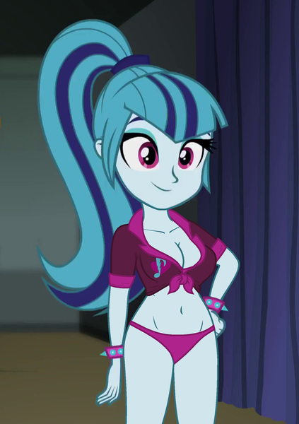 1457235 - belly button, breast edit, breasts, cleavage, clothes, cropped,  derpibooru import, edit, edited screencap, editor:ah96, equestria girls,  female, front knot midriff, midriff, panties, ponytail, purple underwear,  rainbow rocks, screencap, sexy ...