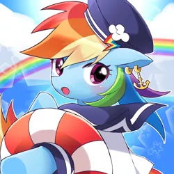 Size: 1500x1500 | Tagged: safe, artist:ryuu, derpibooru import, rainbow dash, pegasus, pony, blushing, cute, dashabetes, ear piercing, earring, female, jewelry, looking at you, mare, piercing, rainbow, sailor uniform