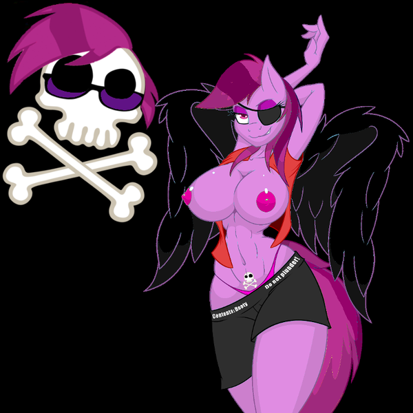 Size: 700x700 | Tagged: questionable, artist:lil miss jay, derpibooru import, edit, oc, oc:soulless pinkamena, unofficial characters only, anthro, breasts, clothes, female, nipples, nsfw edit, nudity, panties, partial nudity, pirate, solo, solo female, thong, topless, underwear