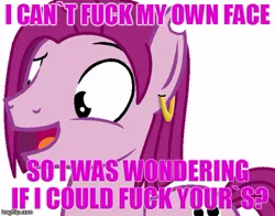 Size: 500x391 | Tagged: crude, derpibooru import, ear piercing, earring, grammar error, humor, image macro, implying sex, jewelry, male, meme, not pinkie pie, oc, oc:soulless pinkamena, piercing, rude, suggestive