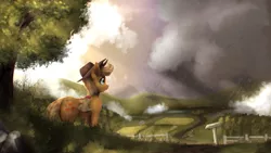 Size: 4000x2250 | Tagged: safe, artist:blackligerth, derpibooru import, applejack, earth pony, pony, cowboy hat, female, hat, mare, scenery, solo, stetson, tree