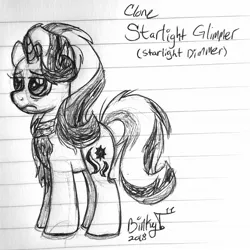 Size: 1830x1830 | Tagged: safe, artist:binkyt11, derpibooru import, starlight glimmer, pony, unicorn, clone, female, lined paper, mare, mean starlight glimmer, monochrome, sad, solo, traditional art