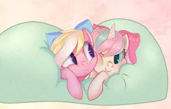 Size: 4320x2772 | Tagged: safe, artist:frfray, derpibooru import, oc, oc:bay breeze, oc:mirabelle, unofficial characters only, pegasus, pony, unicorn, beanbag chair, blushing, bow, cute, duo, female, hair bow, looking at each other, mare, nuzzling, squishy cheeks, ych result