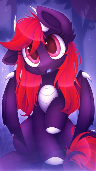 Size: 900x1600 | Tagged: safe, artist:scarlet-spectrum, derpibooru import, oc, oc:scarlet spectrum, unofficial characters only, dracony, hybrid, pony, cute, cute little fangs, digital art, eye clipping through hair, fangs, female, mare, ocbetes, open mouth, red hair, red mane, red tail, solo