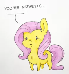 Size: 896x956 | Tagged: safe, artist:buttersprinkle, derpibooru import, fluttershy, pony, beady eyes, chibi, dialogue, female, mare, reaction image, simple background, text, traditional art