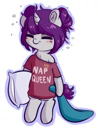 Size: 1280x1676 | Tagged: safe, artist:wickedsilly, derpibooru import, oc, oc:wicked silly, unofficial characters only, pony, unicorn, blanket, blushing, clothes, cute, ear fluff, female, ocbetes, pillow, ponysona, solo, tired