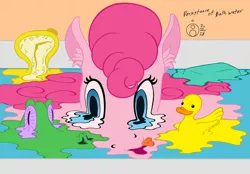 Size: 1000x696 | Tagged: safe, artist:sepiakeys, derpibooru import, gummy, pinkie pie, pony, bathing, bathtub, clock, female, fine art parody, melting, partially submerged, pinkie being pinkie, pruny, refraction, rubber duck, salvador dalí, solo, the persistence of memory, water, wet mane
