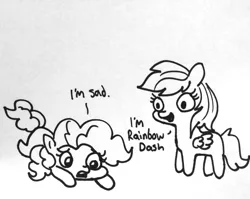 Size: 1280x1018 | Tagged: safe, artist:tjpones, derpibooru import, pinkie pie, rainbow dash, earth pony, pegasus, pony, black and white, captain obvious, cute, dad joke, dashabetes, dialogue, diapinkes, duo, female, grayscale, lineart, looking down, mare, monochrome, out of character, prone, rainbow douche, rainbow dumb, sad, sadorable, simple background, traditional art, wide eyes