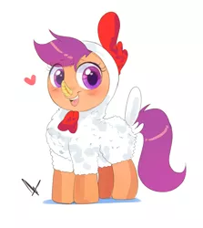 Size: 2500x2800 | Tagged: safe, artist:mrscurlystyles, derpibooru import, scootaloo, pegasus, pony, animal costume, blushing, chicken suit, clothes, costume, covered wings, cute, cutealoo, female, filly, happy, heart, looking at you, open mouth, scootachicken, signature, simple background, smiling, solo, white background