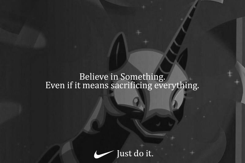 Size: 800x534 | Tagged: safe, derpibooru import, edit, edited screencap, screencap, nightmare moon, alicorn, pony, the cutie re-mark, alternate timeline, believe in something, black and white, female, grayscale, just do it, mare, meme, monochrome, nightmare takeover timeline, nike, text