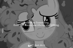 Size: 800x534 | Tagged: safe, derpibooru import, edit, edited screencap, screencap, pear butter, earth pony, pony, the perfect pear, believe in something, black and white, female, grayscale, implied death, mare, meme, monochrome, nike, solo