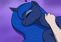 Size: 1063x742 | Tagged: safe, artist:doublewbrothers, derpibooru import, edit, princess luna, alicorn, human, pony, beautiful, cropped, cute, daaaaaaaaaaaw, disembodied hand, eyes closed, female, gradient background, hand, hnnng, lunabetes, mare, offscreen character, petting, pov, precious, smiling, sweet dreams fuel