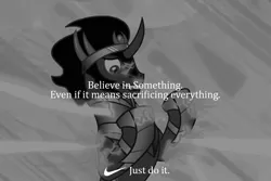 Size: 800x534 | Tagged: believe in something, black and white, cambria, derpibooru import, edit, edited screencap, grayscale, just do it, king sombra, monochrome, nike, safe, screencap, the crystal empire