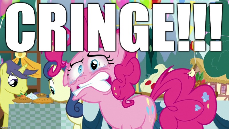 Size: 1280x720 | Tagged: safe, derpibooru import, edit, edited screencap, editor:useraccount, screencap, pinkie pie, secrets and pies, bloodshot eyes, cringing, excessive exclamation marks, faic, funny, gritted teeth, image macro, meme, messy mane, reaction image, teary eyes