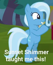 Size: 511x620 | Tagged: safe, derpibooru import, edit, edited screencap, screencap, trixie, pony, unicorn, road to friendship, bipedal, cropped, female, implied sunset shimmer, mare, moonwalk, smiling, solo, text