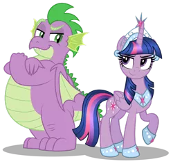 Size: 1024x967 | Tagged: adult, adult spike, alicorn, anklet, artist:aleximusprime, big crown thingy, chubby, confident, derpibooru import, dragon, fat, fat spike, future, jewelry, looking at each other, older, older spike, older twilight, plump, princess of friendship, regalia, safe, sassy, simple background, smug, spike, tiara, transparent background, twilight sparkle, twilight sparkle (alicorn), vector, winged spike