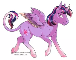 Size: 1300x1022 | Tagged: safe, artist:owlcoholik, derpibooru import, twilight sparkle, twilight sparkle (alicorn), alicorn, pony, alternate design, alternate hairstyle, colored wings, curved horn, cutie mark, female, leonine tail, looking back, mare, rainbow power, short hair, simple background, smiling, solo, white background