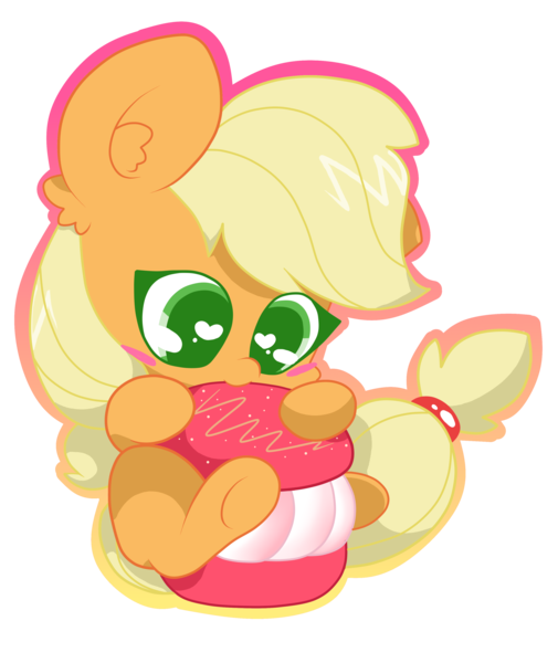 Size: 2984x3544 | Tagged: safe, artist:kittyrosie, derpibooru import, applejack, earth pony, pony, blonde, chibi, cute, female, food, hatless, heart eyes, jackabetes, macaron, mare, missing accessory, simple background, solo, transparent background, wingding eyes