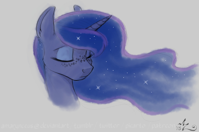 Size: 1200x800 | Tagged: safe, artist:amarynceus, deleted from derpibooru, derpibooru import, princess luna, alicorn, pony, eyes closed, female, freckles, mare, simple background, solo